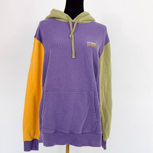 VINTAGE STYLE STUSSY MULTI COLOR BLOCK HOODIE WITH POCKET - Picture 1 of 16